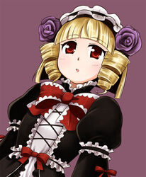  blonde_hair commentary_request drill_hair dutch_angle female flower gokukoku_no_brynhildr hair_flower hair_ornament kuromitu_(kageneko) lolita_fashion maid_headdress partial_commentary purple_background red_eyes simple_background solo tachibana_kana upper_body 