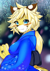  animal_ears blue_eyes blue_kimono blush breasts claws eyebrows_visible_through_hair female female fireworks from_side fullbokko_heroes furry hair_tie hands_together hands_up highres japanese_clothes kimono large_breasts long_sleeves megane_inu no_humans obi outdoors paws ponytail ring sash simple_background smile solo tied_hair upper_body zhang_fei_(fullbokko_heroes) 