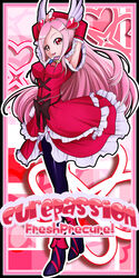  arms_up black_pantyhose bow character_name commentary_request copyright_name cure_passion dress eyelashes female fresh_precure! gloves hair_ornament heart heart_hair_ornament higashi_setsuna jewelry magical_girl pantyhose photoshop_(medium) pink_hair precure red_eyes solo waist_bow yoshimune 