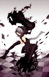  bad_id bad_pixiv_id black_rock_shooter female grey_eyes highres hood hoodie kotarou_(raincoat) short_hair silver_hair solo strength_(black_rock_shooter) tail thighhighs 