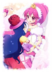  2girls aino_megumi blue_eyes blue_hair brooch choker commentary_request cure_lovely flower happinesscharge_precure! hat heart heart_brooch high_ponytail imminent_hug jewelry kuune_rin long_hair magical_girl multiple_girls pantyhose pink_eyes pink_hair pink_skirt ponytail precure red_flower red_rose rose skirt smile super_happiness_lovely tiara tsumugi_(happinesscharge_precure!) white_legwear wide_ponytail wings wrist_cuffs 