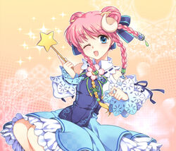  awayuki_ramika bad_id bad_pixiv_id blue_eyes bow braid double_bun dress female flower hair_bun hair_ribbon holding holding_wand horns long_hair magical_girl one_eye_closed pink_hair ribbon sheep_(trickster) smile solo sparkle star_(symbol) tri_tails trickster_(ntreev_soft) wand 