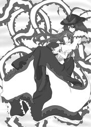  2girls akunohana boots commentary_request food frills fruit greyscale hand_on_head hat hat_on_chest hinanawi_tenshi hug long_hair monochrome multiple_girls nagae_iku open_mouth peach ribbon scarf shawl sleeping smile touhou unworn_hat unworn_headwear 