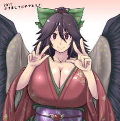  2017 alternate_hairstyle black_hair black_wings bow breasts cape cleavage collarbone commentary_request double_v female floral_print flower gradient_background green_bow hair_between_eyes hair_bun hair_flower hair_ornament hairbow hanemikakko huge_breasts japanese_clothes kimono large_wings long_hair looking_at_viewer obi partial_commentary pink_background red_eyes red_kimono reiuji_utsuho sash seigaiha shiny_skin signature single_hair_bun solo touhou translated upper_body v white_background wide_sleeves wings 