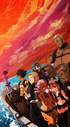  3girls 4boys 71_(nanaichi_drafting) alternate_costume alternate_hair_length alternate_hairstyle belt black_gloves black_hair blonde_hair blue_hair boat chest_harness commentary_request cup dark_skin drinking gamagoori_ira glasses gloves harness holster hououmaru_rei inumuta_houka iori_shirou jakuzure_nonon junketsu kill_la_kill kiryuuin_satsuki long_hair multiple_boys multiple_girls nudist_beach_uniform photoshop_(medium) pink_hair revealing_clothes sanageyama_uzu short_hair shoulder_holster soroi_mitsuzou spoilers sunset teacup thighhighs utility_belt water watercraft 