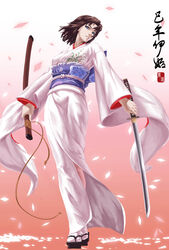  absurdres artist_name brown_hair commentary_request female geta highres japanese_clothes kara_no_kyoukai katana kimono long_sleeves multicolored_eyes photoshop_(medium) ryougi_shiki scrap_iron solo sword tabi weapon 