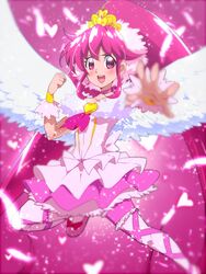  aino_megumi ballerina breasts bridal_garter brooch choker commentary_request cure_lovely feathers female frills full_body happinesscharge_precure! heart heart_brooch jewelry long_hair magical_girl outstretched_hand pantyhose pink_background pink_eyes pink_hair pink_skirt pink_theme precure skirt small_breasts smile solo super_happiness_lovely tiara tj-type1 twintails white_pantyhose white_wings wings 