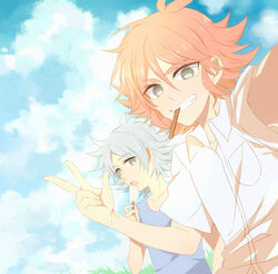  2boys aki_(645451622) blue_hair brothers cloud commentary day dutch_angle food fubuki_atsuya fubuki_shirou grin inazuma_eleven inazuma_eleven_(series) male_focus mouth_hold multiple_boys no_pupils open_mouth orange_hair popsicle popsicle_stick siblings sky smile 