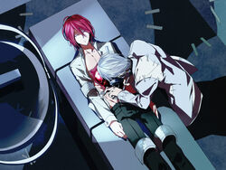  blood death_scythe death_scythe_(spirit) dissection dr_franken_stein grey_hair labcoat laboratory light male male_focus open_clothes open_shirt red_hair scar science screw shirt sleeping soul_eater spirit_(soul_eater) spirit_albarn stitches strapped_down 