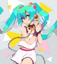  aqua_eyes aqua_hair breasts cable camisole cleavage commentary detached_collar english_commentary female hatsune_miku highres long_hair multicolored_scrunchie navel phone redial_(vocaloid) sami_briggs scrunchie shorts small_breasts solo very_long_hair vocaloid wrist_cuffs 