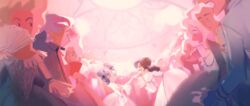  2girls absurdres ballroom commentary_request crowd dress gown highres holding_hands kissing kissing_hand multiple_girls original pastel_colors rococo_movement yuri zuoji 