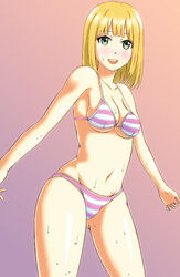  bikini blonde_hair commentary_request female green_eyes short_hair solo striped_bikini striped_clothes swimsuit tamako_market tokiwa_midori tondabayashi 