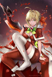  absurdres ahoge akaisu alternate_costume artist_name asymmetrical_legwear bell blonde_hair blush bow bowtie braid breasts cleavage commentary dress english_commentary fate/extra fate/grand_order fate_(series) female green_bow green_bowtie green_eyes hair_intakes hair_ornament hair_ribbon highres large_breasts leaf looking_at_viewer mismatched_legwear nail_polish nero_claudius_(fate) nero_claudius_(fate/extra) no_shoes photoshop_(medium) pink_nails red_legwear ribbon santa_costume short_hair sitting smile solo sword weapon white_legwear wristband 