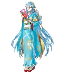  azura_(fire_emblem) azura_(new_year)_(fire_emblem) blue_hair blue_kimono commentary english_commentary female fire_emblem fire_emblem_fates fire_emblem_heroes floral_print full_body hagoita hanetsuki highres holding japanese_clothes kaya8 kimono long_hair long_sleeves looking_at_viewer obi official_art paddle parted_lips sandals sash smile solo standing tabi transparent_background veil very_long_hair wide_sleeves yellow_eyes 