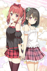  2girls :d bare_shoulders black_hair black_legwear borrowed_character bow bowtie choker collarbone commentary_request cowboy_shot detached_sleeves frilled_shirt frilled_skirt frills green_scrunchie hairbow hand_on_another&#039;s_hand kurumi_(kantoku) light_blush looking_at_viewer medium_hair miniskirt multiple_girls one_side_up open_mouth original plaid plaid_bow plaid_choker plaid_neckwear plaid_skirt pleated_skirt purple_eyes purple_skirt red_choker red_hair red_skirt scrunchie shirt shizuku_(kantoku) skirt sky-freedom smile thighhighs twintails zettai_ryouiki 