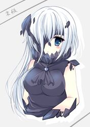  abyssal_ship bare_shoulders blue_eyes blush commentary_request female highres kantai_collection kuze_matsuri long_hair looking_at_viewer ne-class_heavy_cruiser neckerchief one_eye_covered partial_commentary solo white_hair 