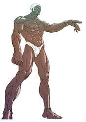  1boy abs barefoot bingoman blue_eyes bulge colored_skin commentary dark-skinned_male dark_skin forehead_jewel full_body grey_skin highres male_focus male_swimwear muscular outstretched_hand photoshop_(medium) solo standing street_fighter street_fighter_iii_(series) swim_briefs topless_male urien white_hair 