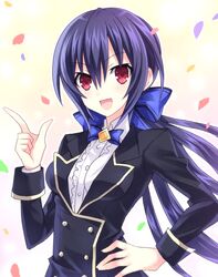  alternate_costume alternate_hairstyle bad_id bad_pixiv_id black_hair breasts female hair_ornament hinano jacket long_hair looking_at_viewer medium_breasts neptune_(series) noire_(neptunia) open_mouth ponytail red_eyes ribbon smile solo 