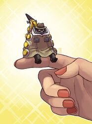  1boy android big_band commentary emlan fingernails hands mini_person miniboy nail_polish on_finger sitting size_difference skullgirls 