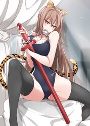  animal_ears black_thighhighs blush breasts brown_hair cameltoe cleavage commentary_request cuffs eyebrows female handcuffs holding holding_weapon large_breasts lindoh_flores long_hair one-piece_swimsuit original red-eyes_macadamiachoco red_eyes sitting solo spread_legs swimsuit sword tail teeth thighhighs tiger_ears tiger_tail weapon 