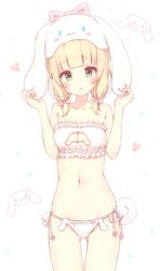  adapted_costume alc_(ex2_lv) animal_band_panties animal_cutout animal_ears animal_hat bad_id bad_pixiv_id blonde_hair blush bow bra breasts cat_lingerie cinnamoroll cleavage cleavage_cutout clothing_cutout collarbone dog_ear_panties dog_ears dog_hat eyebrows female fingernails frilled_bra frills green_eyes hair_over_shoulder hairbow hat heart heart_background long_hair medium_breasts meme_attire navel original panties parody pink_bow polka_dot polka_dot_bow sanrio side-tie_panties simple_background solo twintails underwear underwear_only white_bra white_panties 