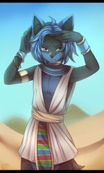  2017 anthro black_bars blackbird_(artist) blue_body blue_eyes blue_fur blue_hair canid canine clothed clothing desert desolate echelon_kayari felid fox fur hair heterochromia hi_res hybrid letterbox looking_at_viewer male mammal outside robe sand simple_background sky solo suggestive wristband 