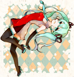  argyle_background black_thighhighs commentary_request domino&#039;s_pizza dress elbow_gloves female frilled_thighhighs frills gloves green_eyes green_hair hatsune_miku headset high_heels long_hair nakaikane necktie shoes short_dress solo thighhighs twintails vocaloid zettai_ryouiki 