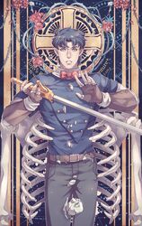  1boy blue_hair bow bowtie broken commentary_request fingerless_gloves flower gloves green_eyes holding holding_sword holding_weapon jojo_no_kimyou_na_bouken jonathan_joestar luck_and_pluck male_focus outline petals phantom_blood plant ribs rose skeleton solo stone_mask_(jojo) sword thorns vines weapon wenny02 