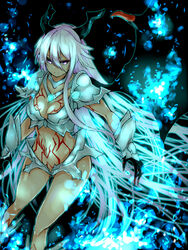  amira_(shingeki_no_bahamut) ass_visible_through_thighs azure_luna black_background breasts center_opening cleavage commentary_request cowboy_shot dark-skinned_female dark_skin expressionless female gloves glowing hair_between_eyes horns large_breasts long_hair midriff navel pink_eyes pink_hair shingeki_no_bahamut shingeki_no_bahamut:_genesis sidelocks simple_background single_wing solo tattoo wings 