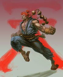  1boy akuma_(street_fighter) beads bingoman clenched_hands commentary dark-skinned_male dark_skin dougi heaven_(kanji) highres male_focus muscular no_pupils pectorals photoshop_(medium) prayer_beads red_hair rope running sandals sharp_teeth solo street_fighter teeth topknot white_eyes 