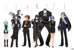  5boys 5girls assassin_(fate/zero) bandaged_arm bandages black_hair black_skin bowing braid business_suit child_assassin_(fate/zero) colored_skin commentary_request cracking_knuckles fate/apocrypha fate/extra fate/grand_order fate/hollow_ataraxia fate/prototype fate/prototype:_fragments_of_blue_and_silver fate/stay_night fate/zero fate_(series) female_assassin_(fate/zero) formal hairdressing hassan_of_serenity_(fate) hassan_of_the_cursed_arm_(fate) highres jack_the_ripper_(fate/apocrypha) jewelry li_shuwen_(fate) li_shuwen_(young)_(fate) long_hair mask multiple_boys multiple_girls necklace pantyhose photoshop_(medium) pointy_ears ponytail purple_hair red_hair sasaki_kojirou_(fate) semiramis_(fate) shimaneko skull_mask standing suit tall translated very_long_hair yellow_eyes 