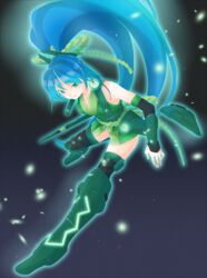  aqua_hair armor bad_id bad_pixiv_id bare_shoulders female glowing greaves green_eyes highres long_hair ponko ponytail solo thighhighs vividgreen vividred_operation weapon 