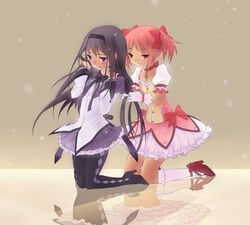  2girls akemi_homura akemi_homura_(magical_girl) black_hair bow commentary_request gloves hairband hairbow kaname_madoka kaname_madoka_(magical_girl) kneeling long_hair magical_girl mahou_shoujo_madoka_magica mahou_shoujo_madoka_magica_(anime) meimone multiple_girls pantyhose pink_eyes pink_hair purple_eyes short_twintails tears twintails white_gloves 