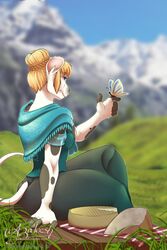  anthro arthropod austria azaleesh bent_arm bodice bovid bovine bread breasts butterfly cattle cheese cheese_wheel dairy_products dirndl duo extended_arm female food hair hair_bun hi_res holstein_friesian_cattle insects lepidopteran mammal on_finger on_hand smile text url 