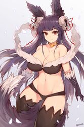  animal_ears arms_at_sides bare_shoulders bell between_legs breasts choker cleavage collarbone commentary erune eyebrows female fox_ears fur_trim granblue_fantasy groin hair_ornament hair_ribbon highres jewelry large_breasts long_hair looking_at_viewer mukka purple_hair red_eyes ribbon smile solo stomach tail tail_between_legs thighhighs twitter_username yuel_(granblue_fantasy) 