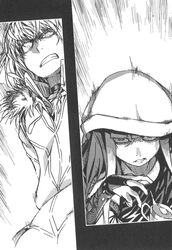  1boy accelerator_(toaru_majutsu_no_index) animal_print bare_shoulders coat_on_head cross-laced_clothes cross-laced_sleeves detached_sleeves female greyscale highres hood hooded_coat kuroyoru_umidori lace-up lace-up_sleeves monochrome non-web_source photoshop_(medium) toaru_majutsu_no_index toaru_majutsu_no_index:_new_testament zebra_print 