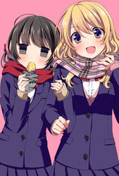  2girls :d blazer blonde_hair brown_eyes commentary_request cowboy_shot drill_hair earmuffs eating empty_eyes enpera food holding holding_food ichinose_haruko jacket locked_arms long_hair looking_at_viewer multiple_girls nikaidou_natsuko open_mouth pink_background plaid plaid_skirt scarf school_uniform skirt sleeves_past_wrists smile swap_swap sweet_potato tottoto_tomekichi wavy_hair 