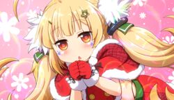  ahoge azur_lane blonde_hair blush eldridge_(azur_lane) eldridge_(holy_night&#039;s_embrace)_(azur_lane) facial_tattoo female gloves hair_ornament kobamiso_(kobalt) kobayashi-san_chi_no_maidragon long_hair looking_at_viewer official_alternate_costume parody pentagram pentagram_hair_ornament red_eyes santa_costume solo star_(symbol) star_hair_ornament tattoo twintails 