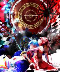  2girls bad_id bad_pixiv_id blue_hair german_text long_hair magical_girl mahou_shoujo_madoka_magica mahou_shoujo_madoka_magica_(anime) miki_sayaka multiple_girls musical_note natsunama oktavia_von_seckendorff photoshop_(medium) pink_hair sakura_kyoko sakura_kyoko_(magical_girl) spoilers sword translated weapon 