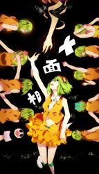  bare_arms bare_shoulders blue_bow bow commentary_request faceless female flower goggles goggles_on_head green_eyes green_hair gumi hair_flower hair_ornament juu_mensou_(vocaloid) multiple_persona navel omutatsu orange_skirt reaching red_flower short_hair skirt song_name vocaloid 