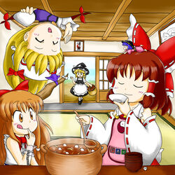  5girls apron basket black_dress blonde_hair blue_eyes blue_hair bow bowl bowl_hat brown_eyes brown_hair building chains close-up closed_eyes commentary_request cooking detached_sleeves door drawing_(object) dress food full_body gap_(touhou) genjii_(touhou) hair_tubes hairbow hakurei_reimu hand_up hat hat_bow hat_ribbon holding holding_ladle horns house ibuki_suika indoors kirisame_marisa ladle mini_person minigirl miso_soup multiple_girls mushroom nitamago plate ribbon ribbon_trim saucer shouji single_horn sleeveless sliding_doors smile soup sukuna_shinmyoumaru sweatdrop talking tasting tasting_plate tatami tongue tongue_out touhou touhou_(pc-98) upside-down walking waving witch_hat wrist_cuffs yakumo_yukari yellow_eyes yin_yang 