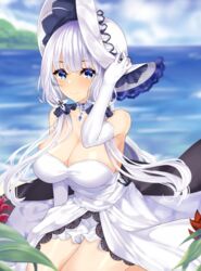  anchor azur_lane beach blue_eyes blush breasts choker cleavage commentary_request day dress elbow_gloves error_dot female gloves hair_ornament hair_over_shoulder hand_on_headwear hat highres illustrious_(azur_lane) lace lace-trimmed_headwear lace_trim large_breasts long_hair looking_at_viewer mole mole_under_eye ocean outdoors sitting smile solo strapless strapless_dress sun_hat tri_tails white_dress white_gloves white_hair wind 