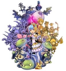  3boys 3girls armor chime clavat dress final_fantasy final_fantasy_crystal_chronicles final_fantasy_crystal_chronicles:_my_life_as_a_darklord final_fantasy_crystal_chronicles:_my_life_as_a_king heart heterochromia king_leo lilty mira mira_(ffcc) monster multicolored_hair multiple_boys multiple_girls official_art selkie sword tonberry tonbetty tower two-tone_hair weapon yuke 