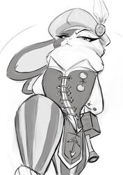  anthro armello clothing dewlap_(anatomy) elyssia_(armello) eyebrows eyelashes female fluffy frown greyscale hammer joelasko lagomorph league_of_geeks leporid looking_at_viewer low-angle_view mammal medieval monochrome rabbit raised_eyebrow renaissance solo tools 