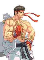  1boy bag bingoman black_hair clothes_around_waist commentary dougi duffel_bag facial_hair fingerless_gloves gloves hand_on_own_hip headband male_focus muscular photoshop_(medium) rope ryu_(street_fighter) solo standing street_fighter street_fighter_iii_(series) stubble thick_eyebrows topless_male 