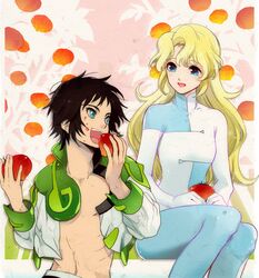  1boy age_(heroic_age) bad_id bad_pixiv_id black_hair blonde_hair blue_eyes bodysuit deianeira eating female food fruit heroic_age kanke_(yonkuma) long_hair short_hair smile 