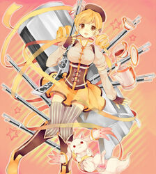  bad_id bad_pixiv_id beret blonde_hair brown_eyes cup drill_hair female fingerless_gloves gloves gun gyoe hat huge_weapon kyuubee magical_musket mahou_shoujo_madoka_magica mahou_shoujo_madoka_magica_(anime) pleated_skirt puffy_sleeves rifle skirt star_(symbol) striped thighhighs tiro_finale tomoe_mami tomoe_mami_(magical_girl) twintails vertical_stripes weapon zettai_ryouiki 