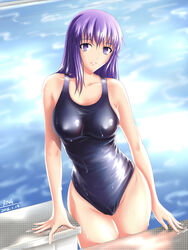  alternate_costume artist_name blue_one-piece_swimsuit breasts collarbone commentary covered_nipples cowboy_shot dated dripping fate/stay_night fate_(series) female large_breasts long_hair looking_at_viewer matou_sakura one-piece_swimsuit parted_lips pool purple_eyes purple_hair rna_(angel-smelter) sideboob signature solo starting_block swimsuit water wet wet_clothes wet_hair 