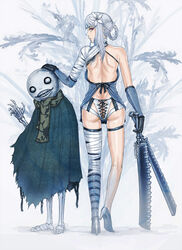  ass backless_outfit bad_id bad_pixiv_id bandages belt bow braid burunuu_(bullnukko) chains dual_wielding elbow_gloves emil_(nier) female flower frills from_behind gloves grey_hair hair_ornament high_heels holding kaine_(nier) lingerie long_legs negligee nier nier_(series) panties photoshop_(medium) red_eyes ribbon scarf shoes short_hair skeleton standing sword thigh_strap thighhighs underwear weapon white_hair white_panties 