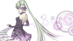  backless_outfit commentary crimsonseed elbow_gloves female fingerless_gloves gloves green_eyes green_hair hatsune_miku headphones headset highres long_hair skirt solo symbol-only_commentary very_long_hair vocaloid 